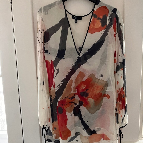 NEW SHAN ABSTRACT FLORAL Linen Beach Tunic - Picture 2 of 11